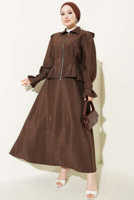 Omuz Apoletli Bel Pensli Etekli Takım Kahve - NEFİSE