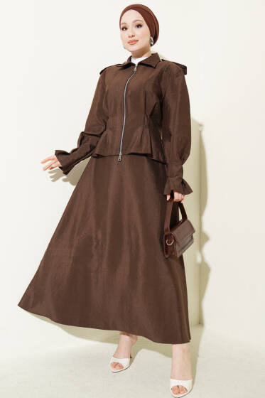 Omuz Apoletli Bel Pensli Etekli Takım Kahve - İkili Takım