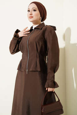 Omuz Apoletli Bel Pensli Etekli Takım Kahve - İkili Takım
