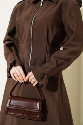 Omuz Apoletli Bel Pensli Etekli Takım Kahve - İkili Takım