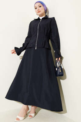 Omuz Apoletli Bel Pensli Etekli Takım Lacivert - NEFİSE