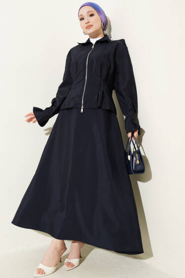 Omuz Apoletli Bel Pensli Etekli Takım Lacivert - İkili Takım