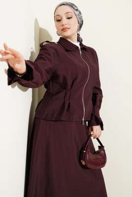 Omuz Apoletli Bel Pensli Etekli Takım Mürdüm - NEFİSE