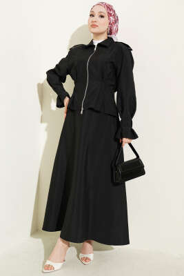 Omuz Apoletli Bel Pensli Etekli Takım Siyah - NEFİSE