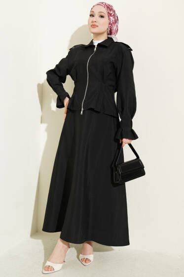 Omuz Apoletli Bel Pensli Etekli Takım Siyah - İkili Takım
