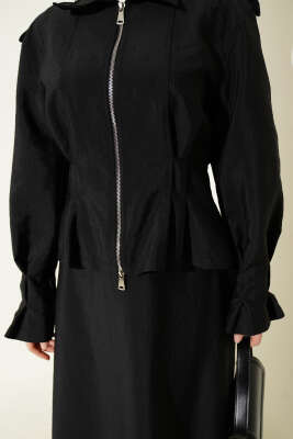 Omuz Apoletli Bel Pensli Etekli Takım Siyah - İkili Takım