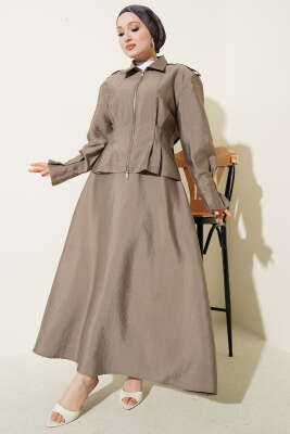 Omuz Apoletli Bel Pensli Etekli Takım Vizon - NEFİSE