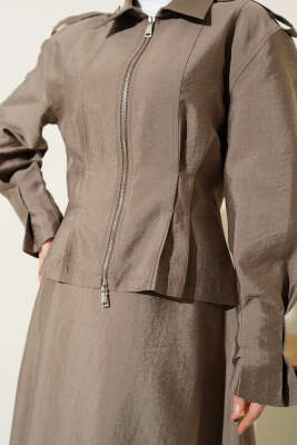 Omuz Apoletli Bel Pensli Etekli Takım Vizon - İkili Takım