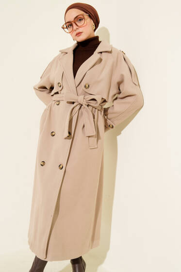 Omuz Apoletli Düğme Detaylı Kaşe Kaban Bej - Kaban