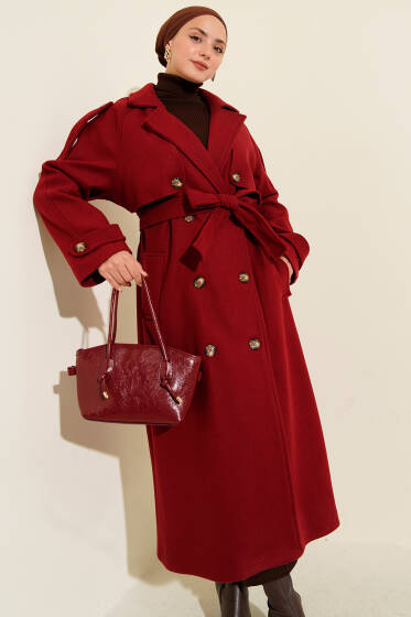 Omuz Apoletli Düğme Detaylı Kaşe Kaban Bordo - Kaban