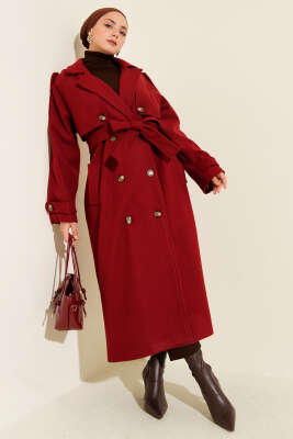 Omuz Apoletli Düğme Detaylı Kaşe Kaban Bordo - Kaban