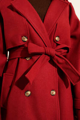 Omuz Apoletli Düğme Detaylı Kaşe Kaban Bordo - Kaban