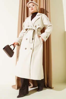 Omuz Apoletli Düğme Detaylı Kaşe Kaban Ekru - BERAT TEKSTİL