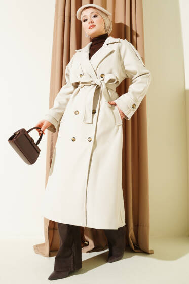 Omuz Apoletli Düğme Detaylı Kaşe Kaban Ekru - Kaban