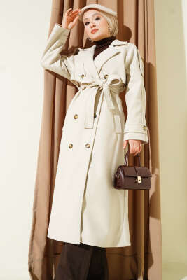 Omuz Apoletli Düğme Detaylı Kaşe Kaban Ekru - Kaban