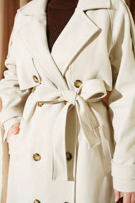 Omuz Apoletli Düğme Detaylı Kaşe Kaban Ekru - Kaban