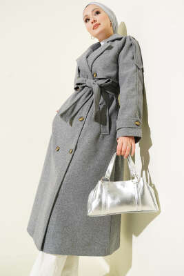 Omuz Apoletli Düğme Detaylı Kaşe Kaban Füme - BERAT TEKSTİL