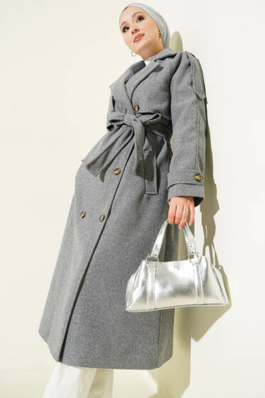 Omuz Apoletli Düğme Detaylı Kaşe Kaban Füme - Kaban