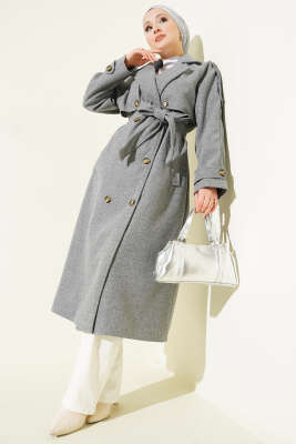 Omuz Apoletli Düğme Detaylı Kaşe Kaban Füme - Kaban