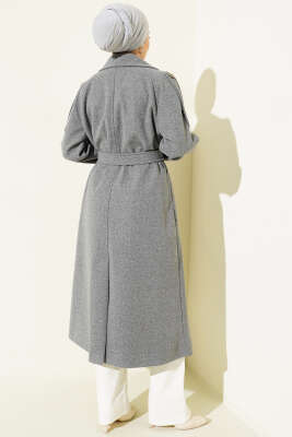 Omuz Apoletli Düğme Detaylı Kaşe Kaban Füme - Kaban