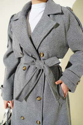 Omuz Apoletli Düğme Detaylı Kaşe Kaban Füme - Kaban