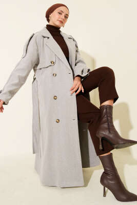 Omuz Apoletli Düğme Detaylı Kaşe Kaban Gri 