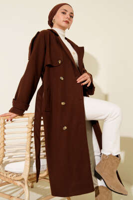 Omuz Apoletli Düğme Detaylı Kaşe Kaban Kahve 