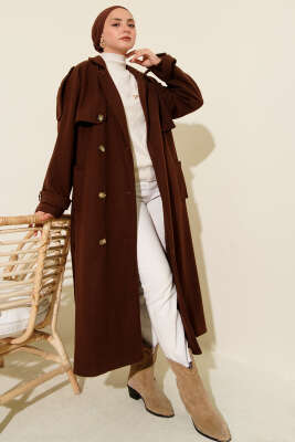 Omuz Apoletli Düğme Detaylı Kaşe Kaban Kahve - Kaban