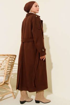 Omuz Apoletli Düğme Detaylı Kaşe Kaban Kahve - Kaban