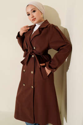 Omuz Apoletli Düğme Detaylı Kaşe Kaban Kestane - Kaban