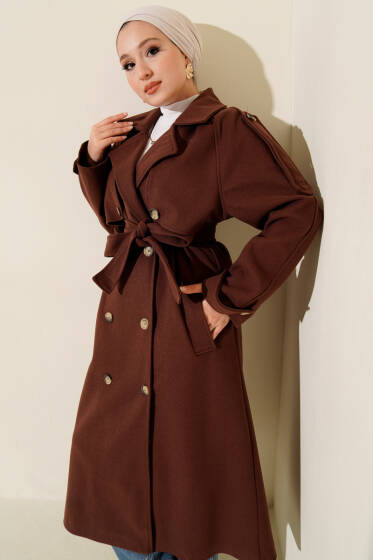 Omuz Apoletli Düğme Detaylı Kaşe Kaban Kestane - Kaban