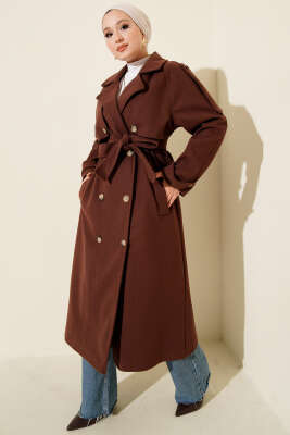 Omuz Apoletli Düğme Detaylı Kaşe Kaban Kestane - Kaban