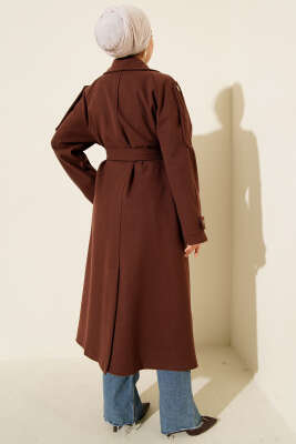 Omuz Apoletli Düğme Detaylı Kaşe Kaban Kestane - Kaban