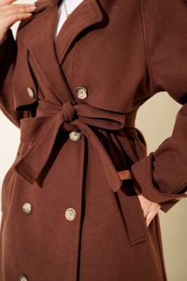 Omuz Apoletli Düğme Detaylı Kaşe Kaban Kestane - Kaban