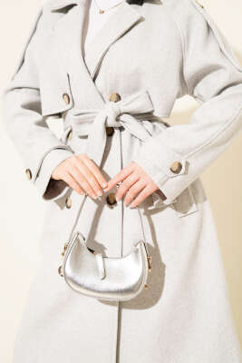 Omuz Apoletli Düğme Detaylı Kaşe Kaban Melanj Gri - Kaban