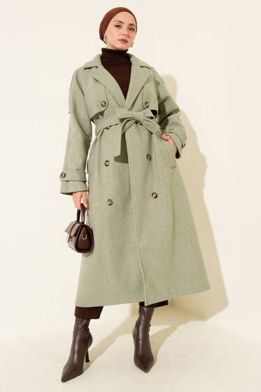 Omuz Apoletli Düğme Detaylı Kaşe Kaban Mint - Kaban