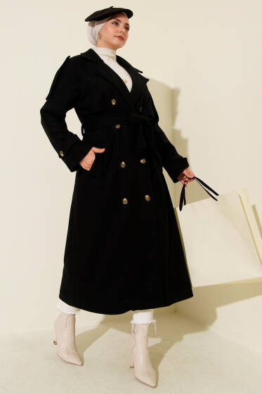 Omuz Apoletli Düğme Detaylı Kaşe Kaban Siyah - Kaban