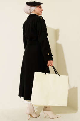 Omuz Apoletli Düğme Detaylı Kaşe Kaban Siyah - Kaban