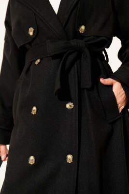 Omuz Apoletli Düğme Detaylı Kaşe Kaban Siyah - Kaban