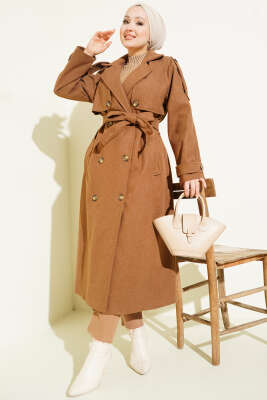 Omuz Apoletli Düğme Detaylı Kaşe Kaban Taba - BERAT TEKSTİL