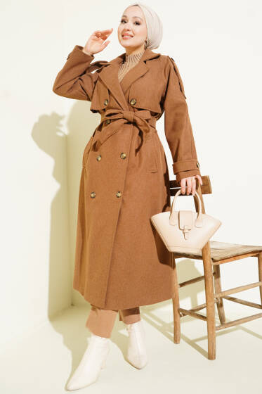 Omuz Apoletli Düğme Detaylı Kaşe Kaban Taba - Kaban