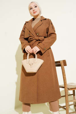 Omuz Apoletli Düğme Detaylı Kaşe Kaban Taba - Kaban