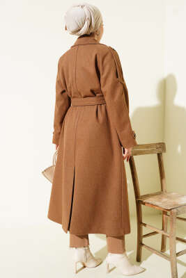 Omuz Apoletli Düğme Detaylı Kaşe Kaban Taba - Kaban