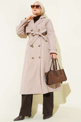 Omuz Apoletli Düğme Detaylı Kaşe Kaban Vizon - BERAT TEKSTİL