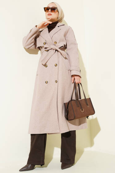 Omuz Apoletli Düğme Detaylı Kaşe Kaban Vizon - Kaban