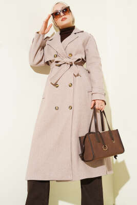 Omuz Apoletli Düğme Detaylı Kaşe Kaban Vizon - Kaban