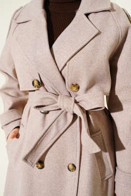 Omuz Apoletli Düğme Detaylı Kaşe Kaban Vizon - Kaban