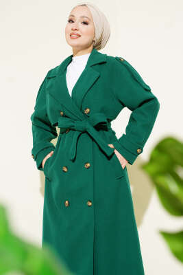 Omuz Apoletli Düğme Detaylı Kaşe Kaban Zümrüt - Kaban