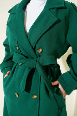 Omuz Apoletli Düğme Detaylı Kaşe Kaban Zümrüt - Kaban