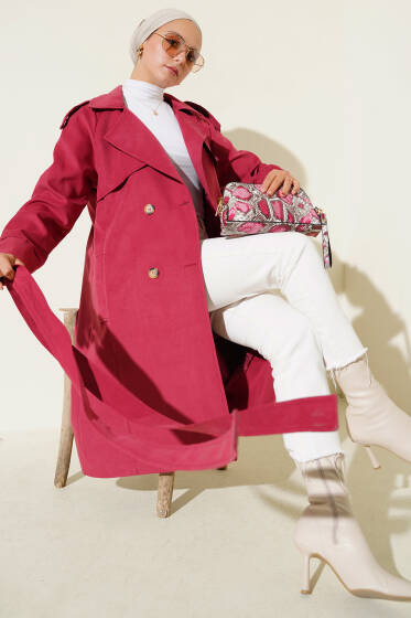 Omuz Apoletli Düğme Detaylı Trençkot Bordo - Trençkot